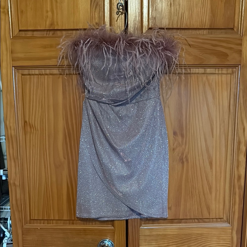 Speechless Strapless Glitter Dress with Feather Trim - Mauve